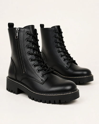 Black lace-up winter ankle boots for women, construction detail