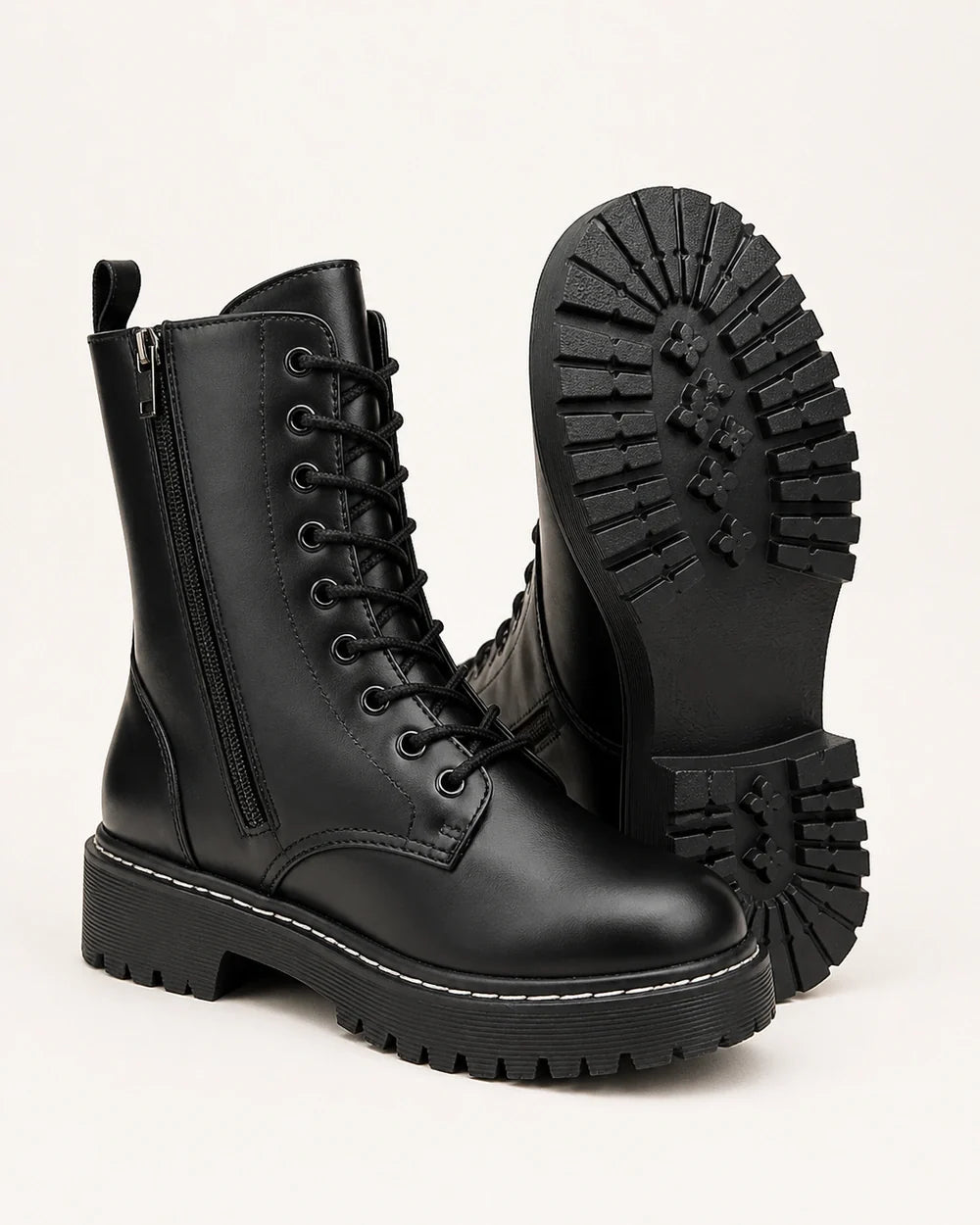 Black lace-up winter ankle boots for women, lug outsole