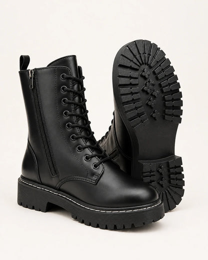 Black lace-up winter ankle boots for women, lug outsole