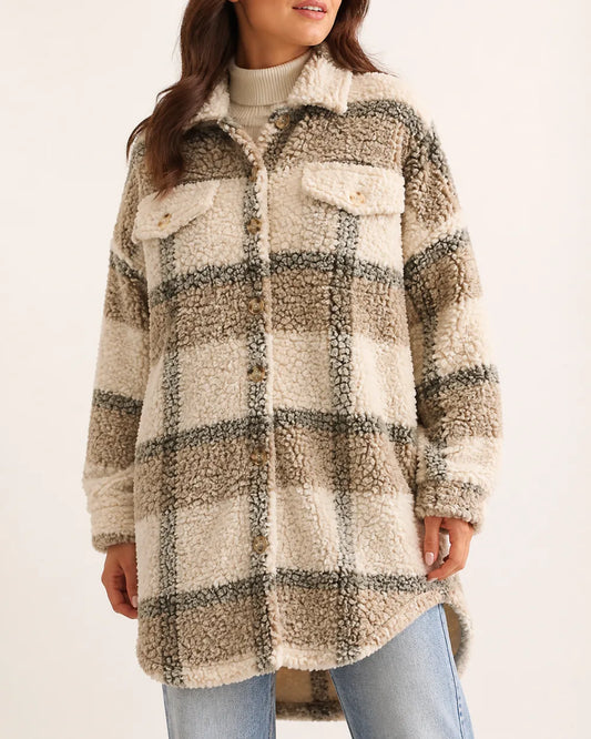Beige checked teddy shirt coat worn, close product hero.