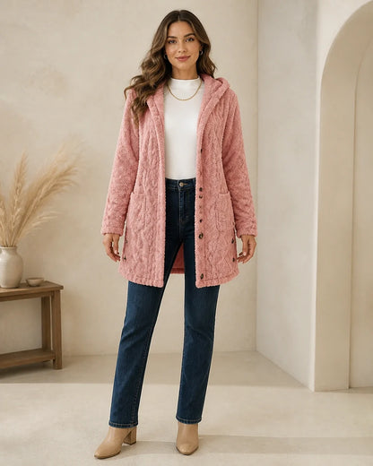 Women's long hooded cable-texture cardigan, pink full front