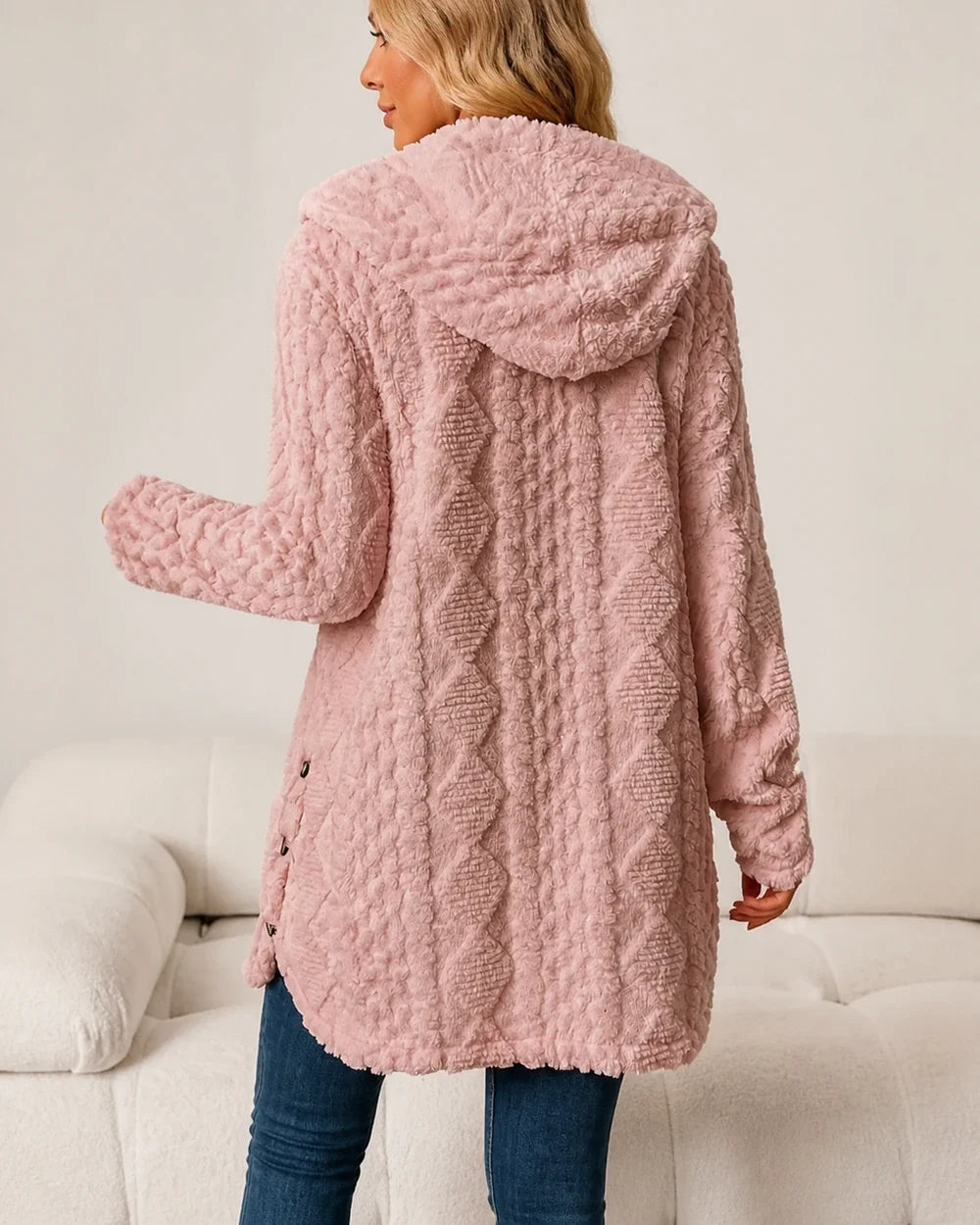 Women's long hooded cable-texture cardigan, pink back