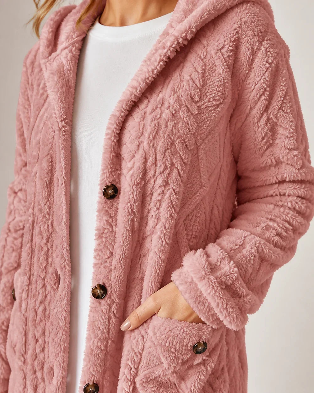 Women's long hooded cable-texture cardigan, pink detail