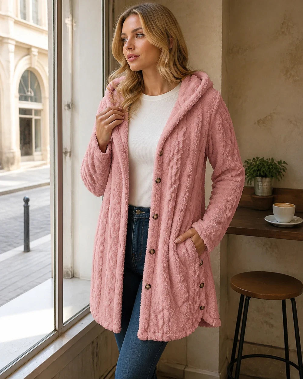 Women's long hooded cable-texture cardigan, pink lifestyle