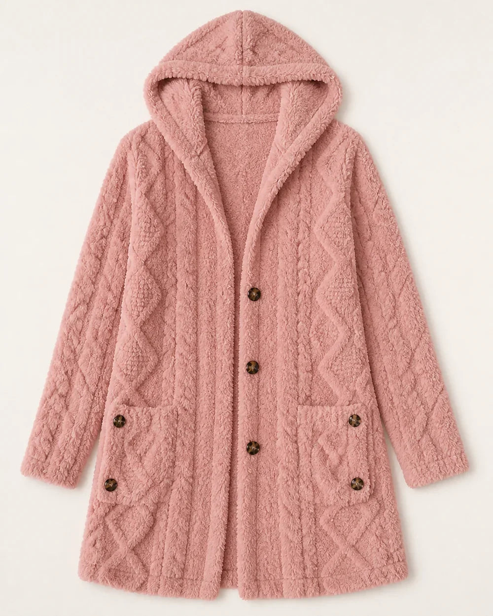 Women's long hooded cable-texture cardigan, pink flatlay