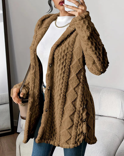Women's long hooded cable-texture cardigan, brown hero
