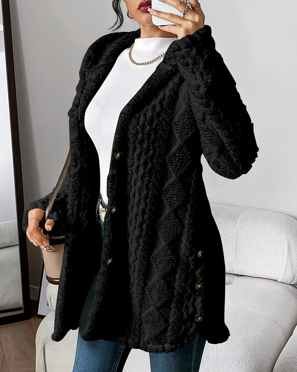 Women's long hooded cable-texture cardigan, black hero