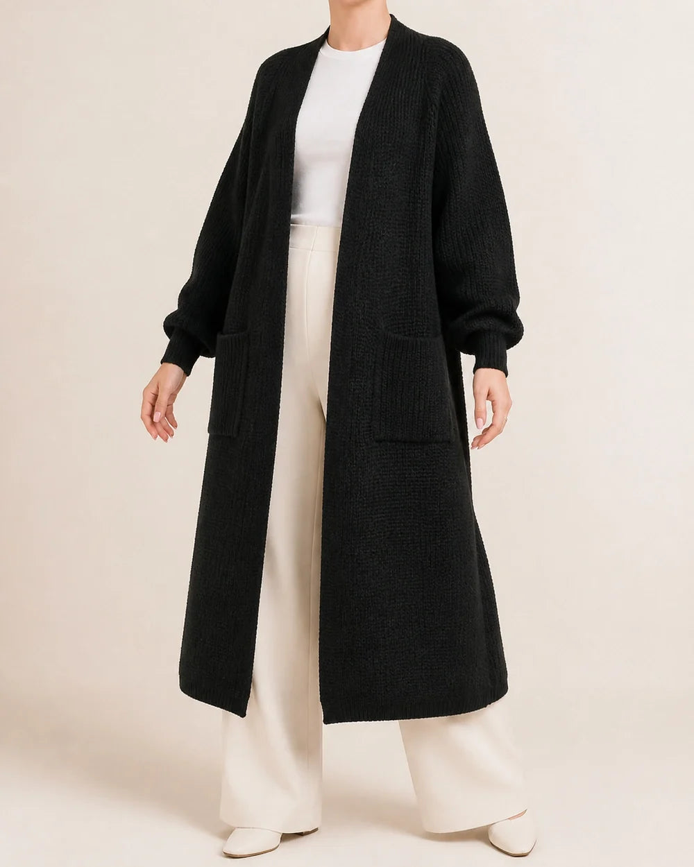 Women's long open knit cardigan, black hero
