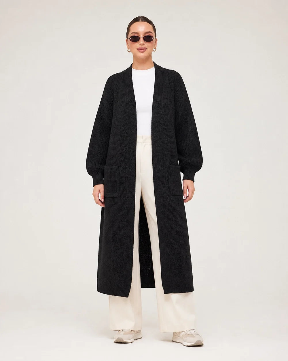 Women's long open knit cardigan, black full front
