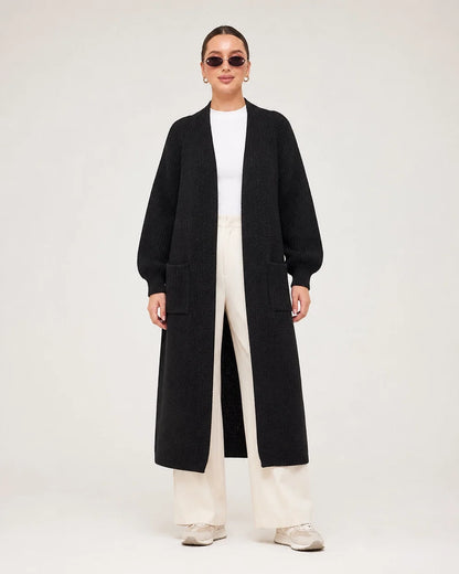 Women's long open knit cardigan, black full front