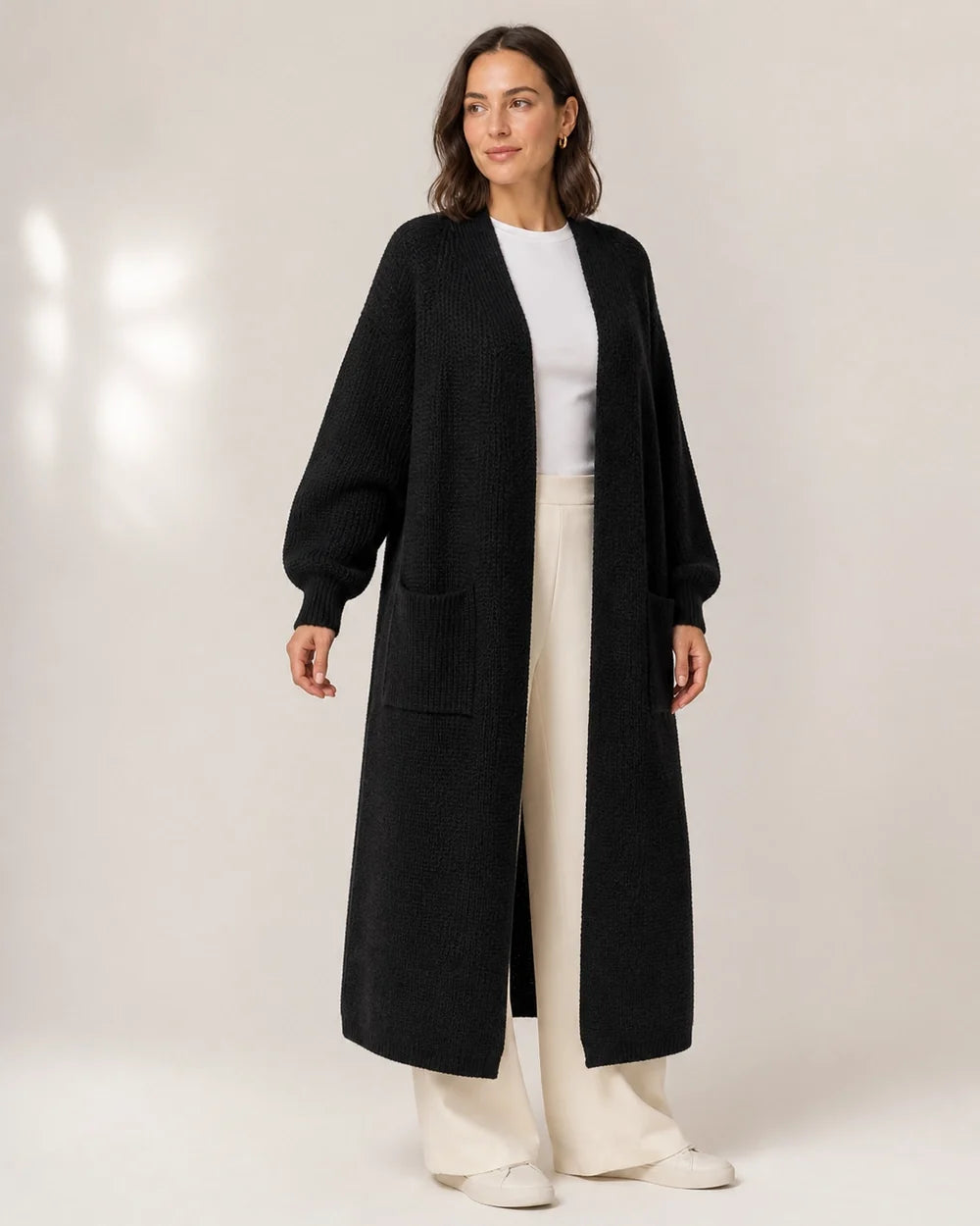 Women's long open knit cardigan, black three quarter