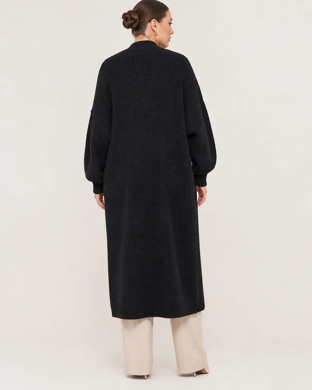 Women's long open knit cardigan, black back