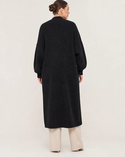 Women's long open knit cardigan, black back
