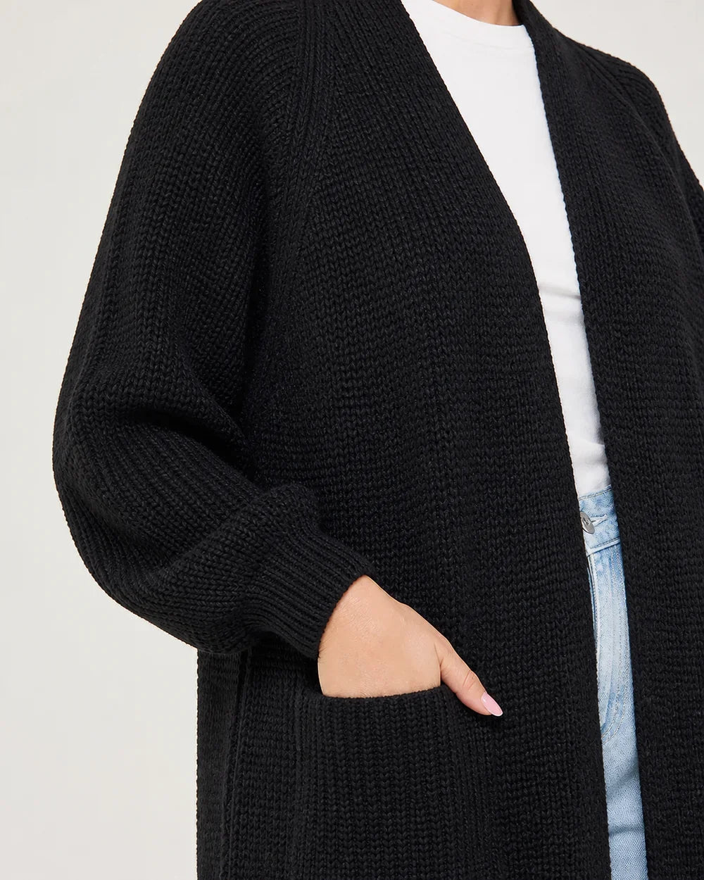 Women's long open knit cardigan, black detail