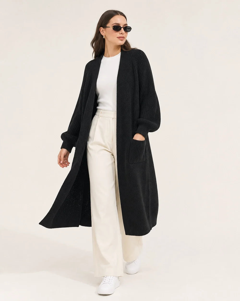 Women's long open knit cardigan, black movement