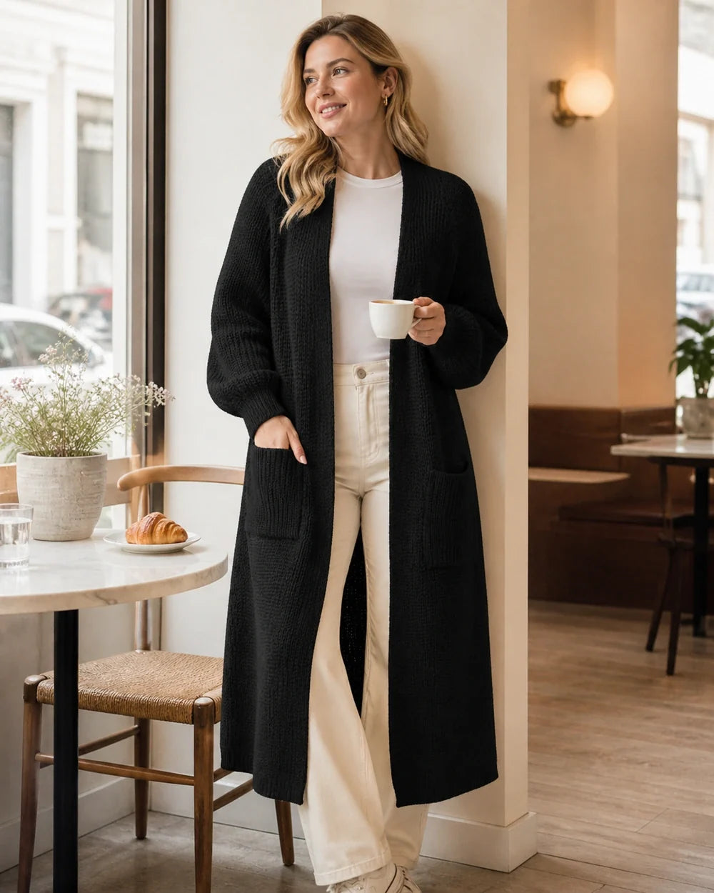 Women's long open knit cardigan, black lifestyle