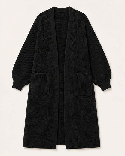 Women's long open knit cardigan, black flatlay