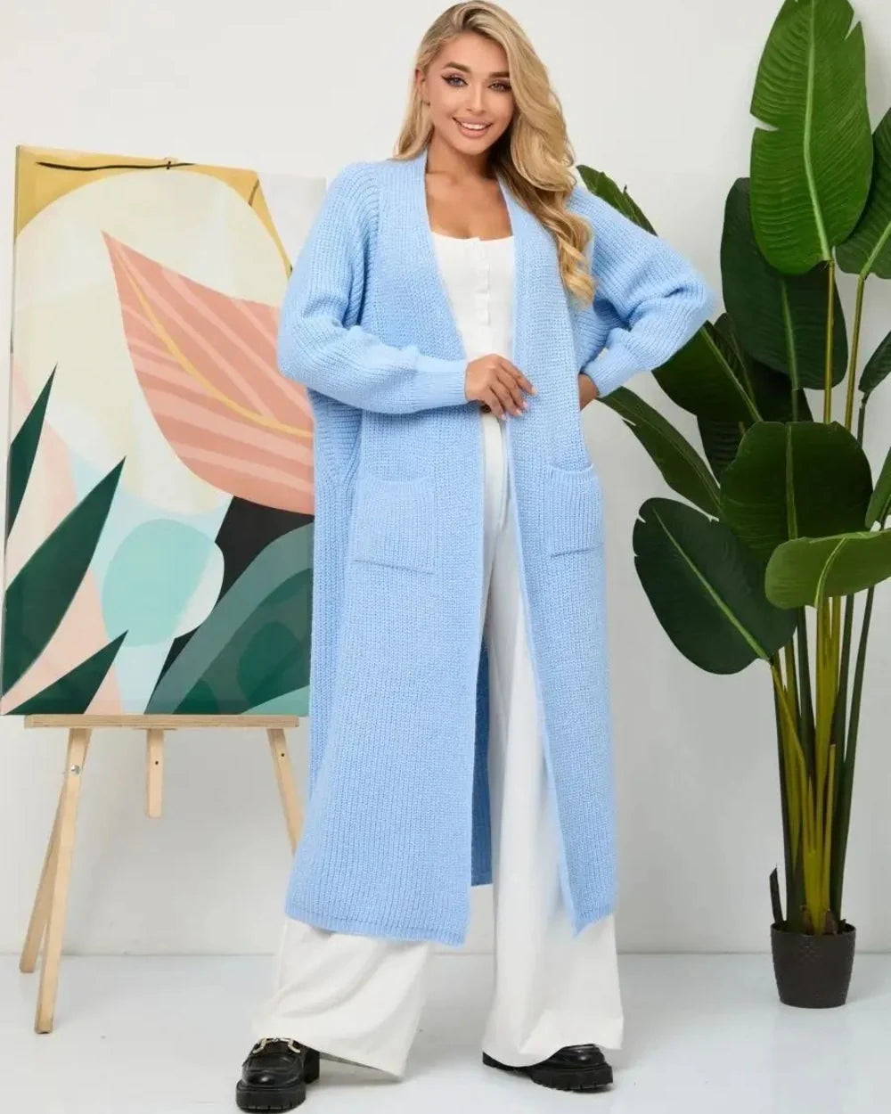 Women's long open knit cardigan, light blue hero
