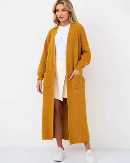 Women's long open knit cardigan, orange hero