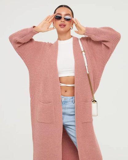 Women's long open knit cardigan, pink hero