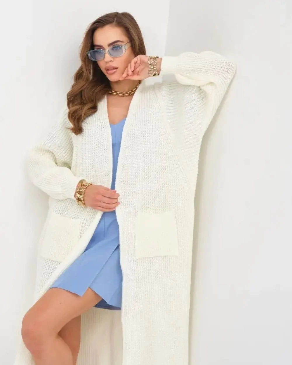 Women's long open knit cardigan, white hero