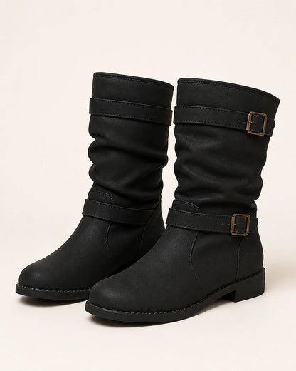 Black low-heel buckle slouch boots for women