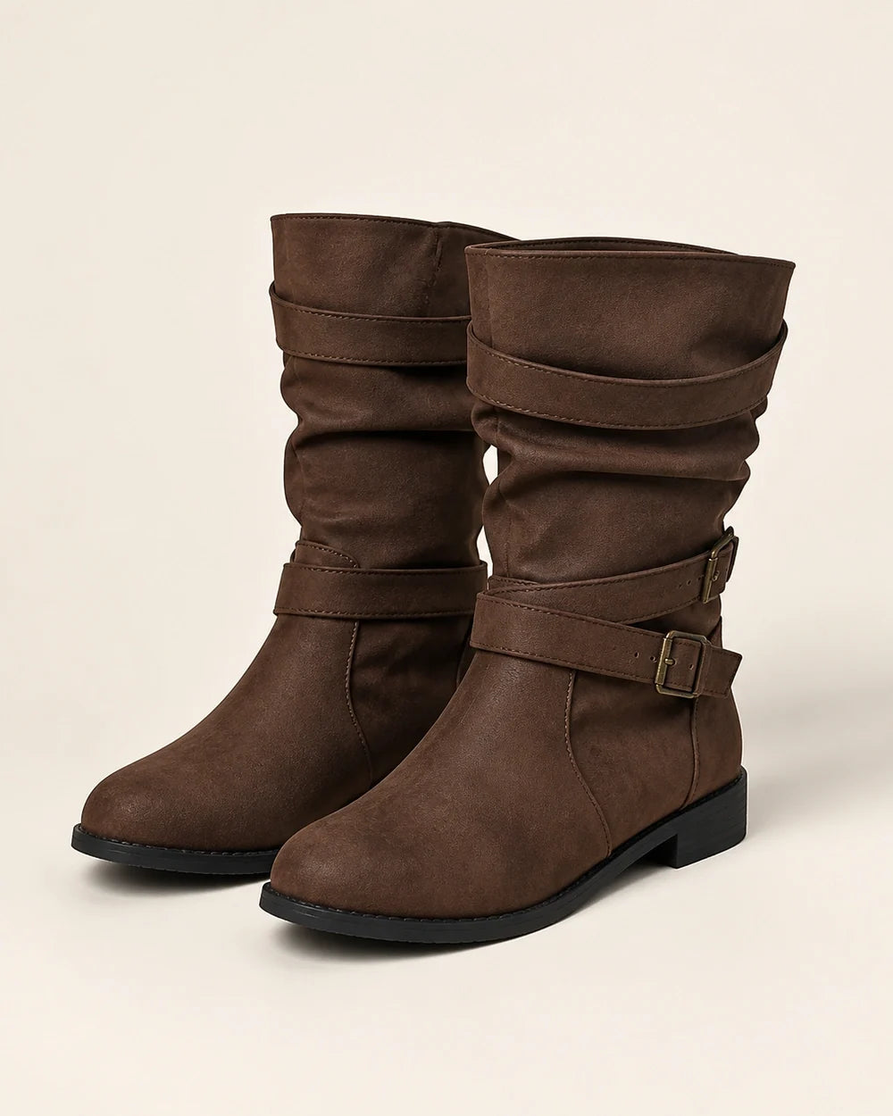 Dark Brown low-heel buckle slouch boots for women