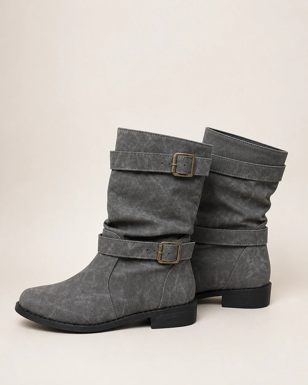 Grey low-heel buckle slouch boots for women, side profile