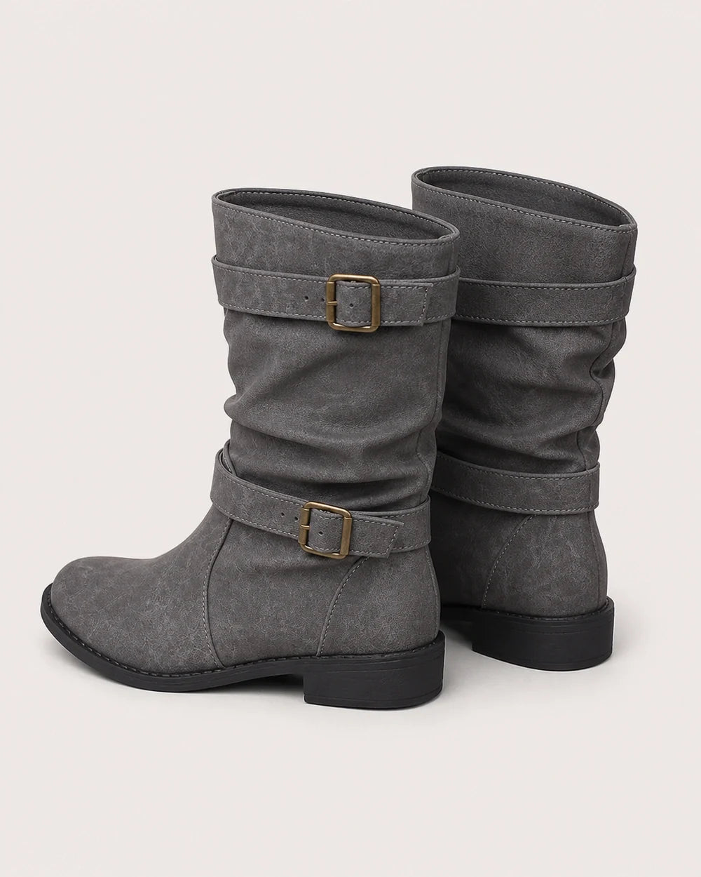 Grey low-heel buckle slouch boots for women, rear view