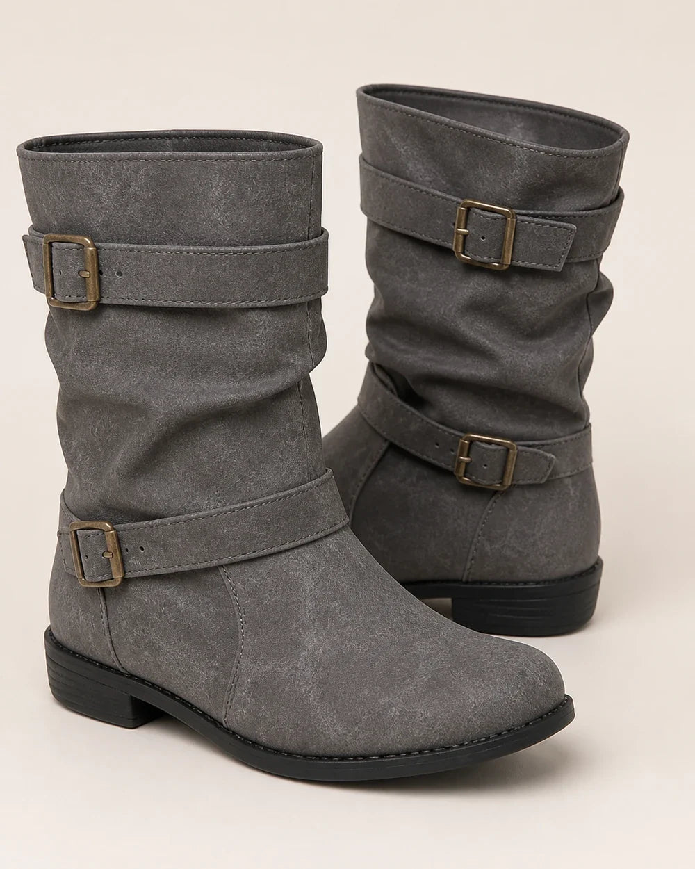 Grey low-heel buckle slouch boots for women, buckle detail