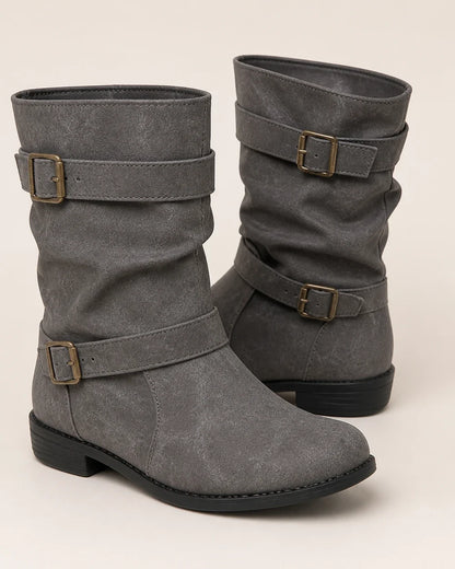 Grey low-heel buckle slouch boots for women, buckle detail