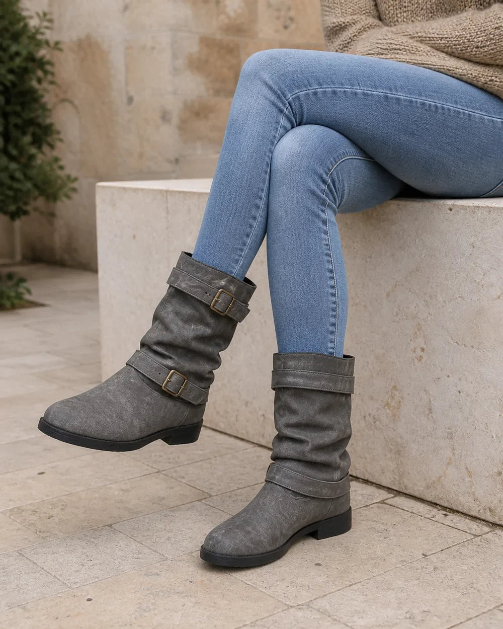 Grey low-heel buckle slouch boots for women, lifestyle view