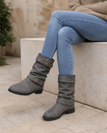 Grey low-heel buckle slouch boots for women, lifestyle view