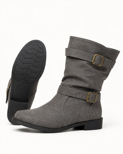 Grey low-heel buckle slouch boots for women, anti-slip outsole
