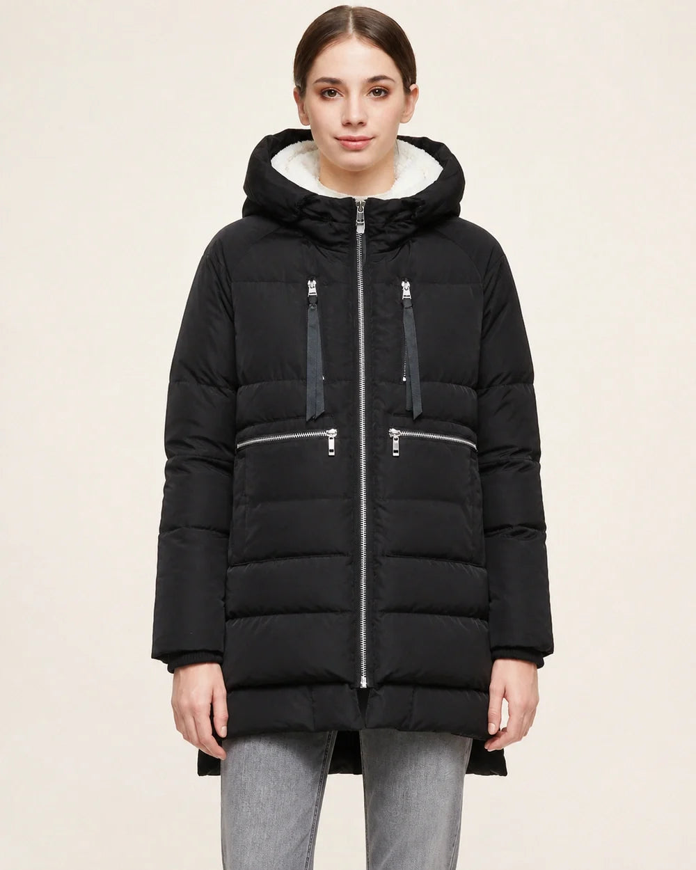 Momount women mid length fleece lined hooded puffer black