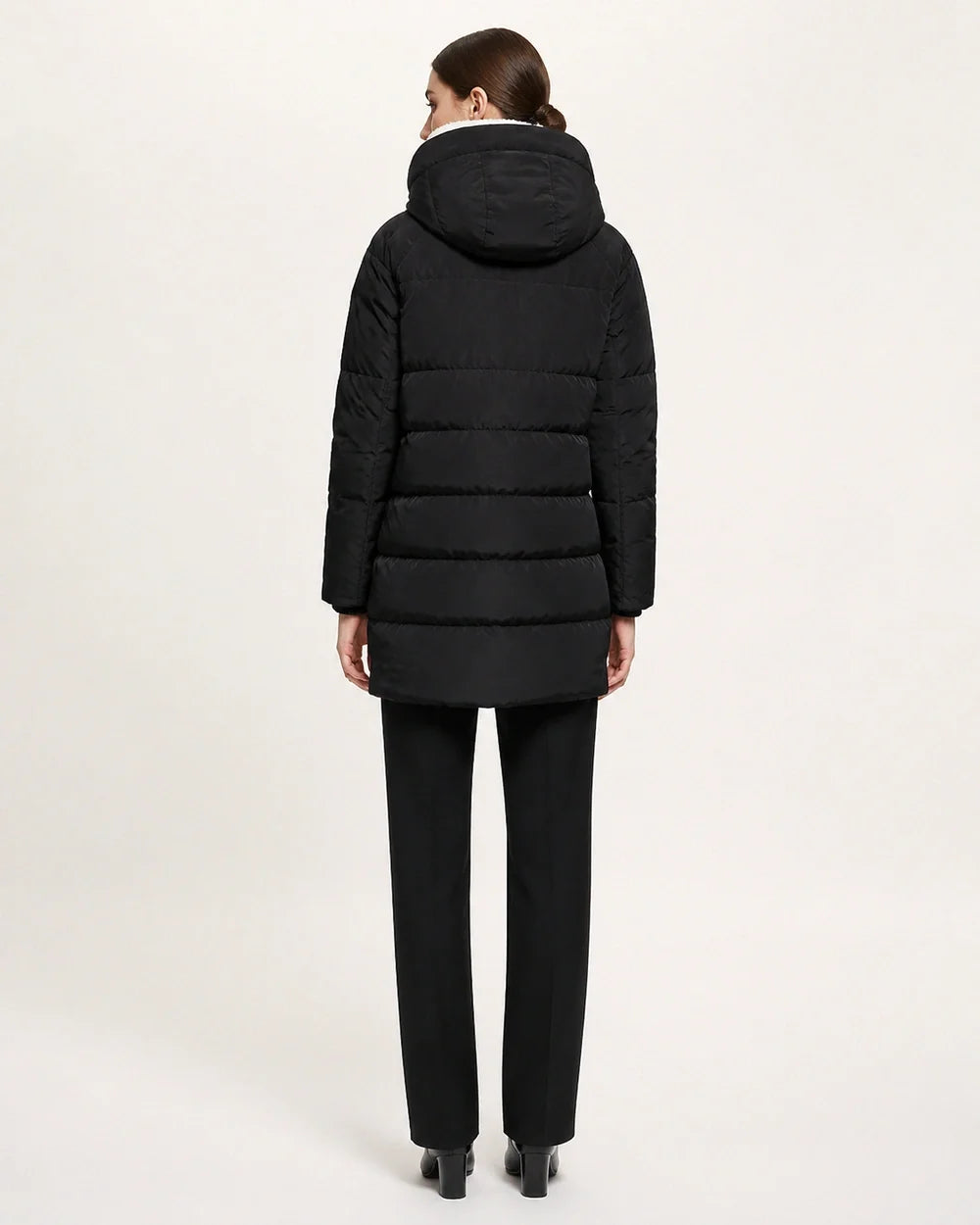 Momount women mid length fleece lined hooded puffer black