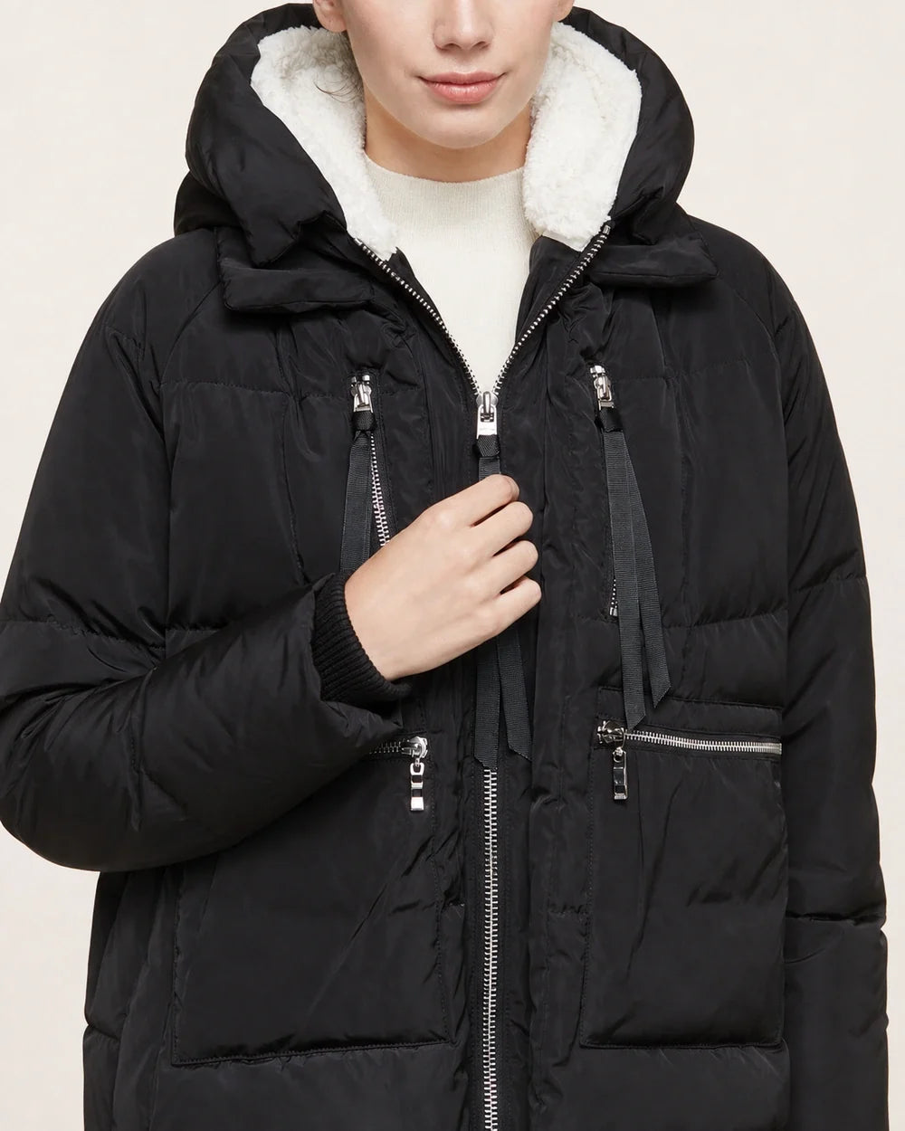 Momount women mid length fleece lined hooded puffer black