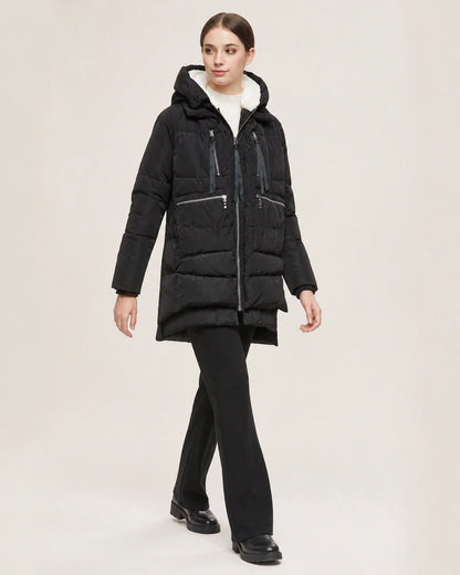 Momount women mid length fleece lined hooded puffer black