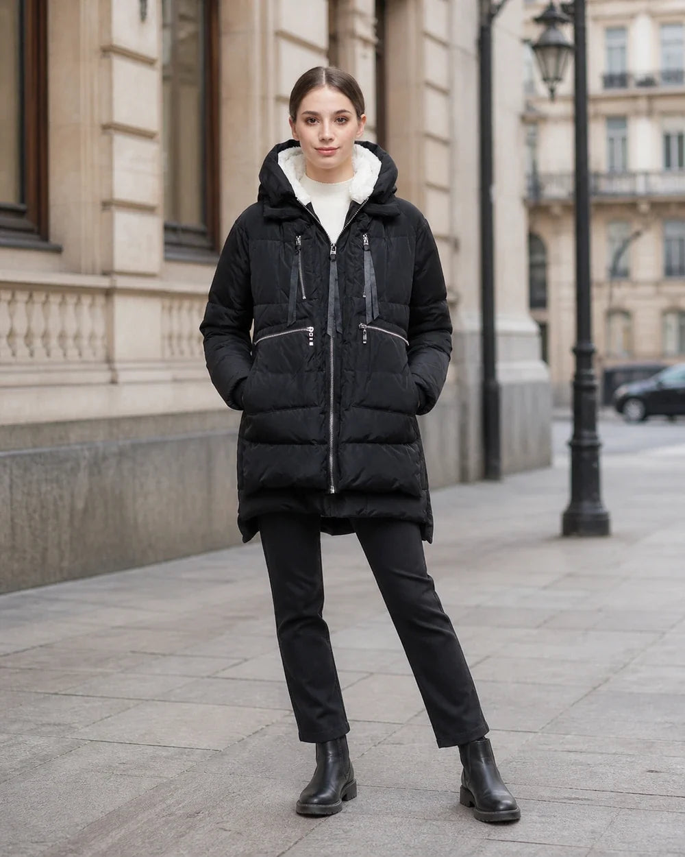 Momount women mid length fleece lined hooded puffer black