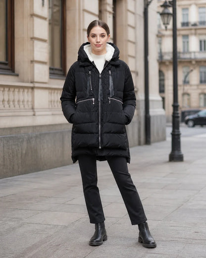 Momount women mid length fleece lined hooded puffer black