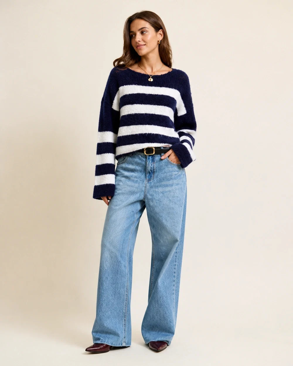 Navy striped cropped sweater full silhouette