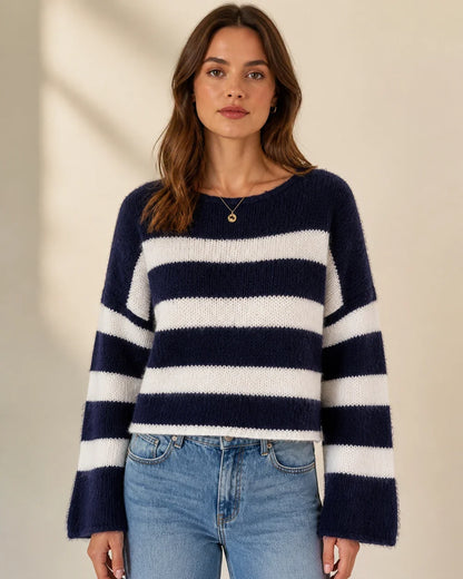 Navy and white round-neck sweater front fit