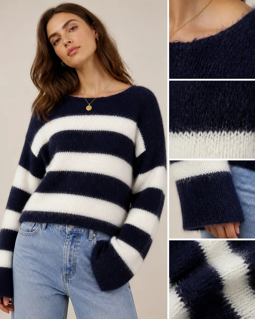 Soft striped knit texture and neckline detail