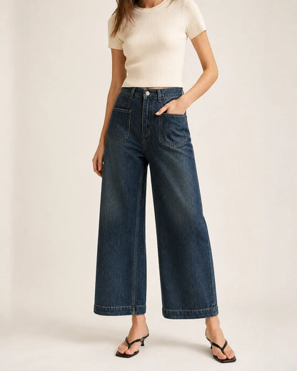 Momount women retro blue high waist wide leg jeans