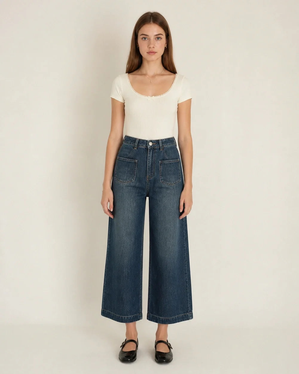 Momount women retro blue high waist wide leg jeans