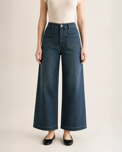 Momount women retro blue high waist wide leg jeans
