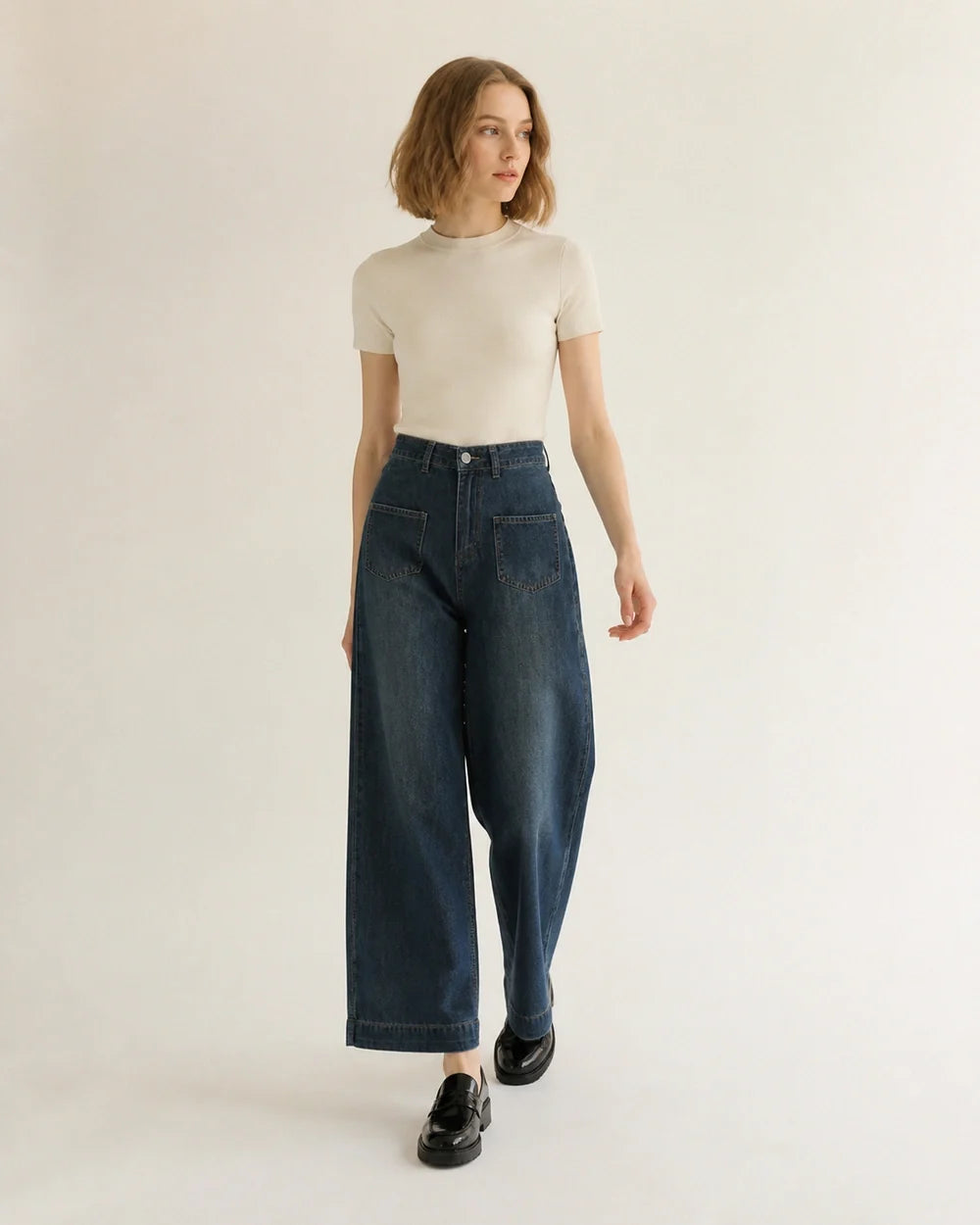 Momount women retro blue high waist wide leg jeans