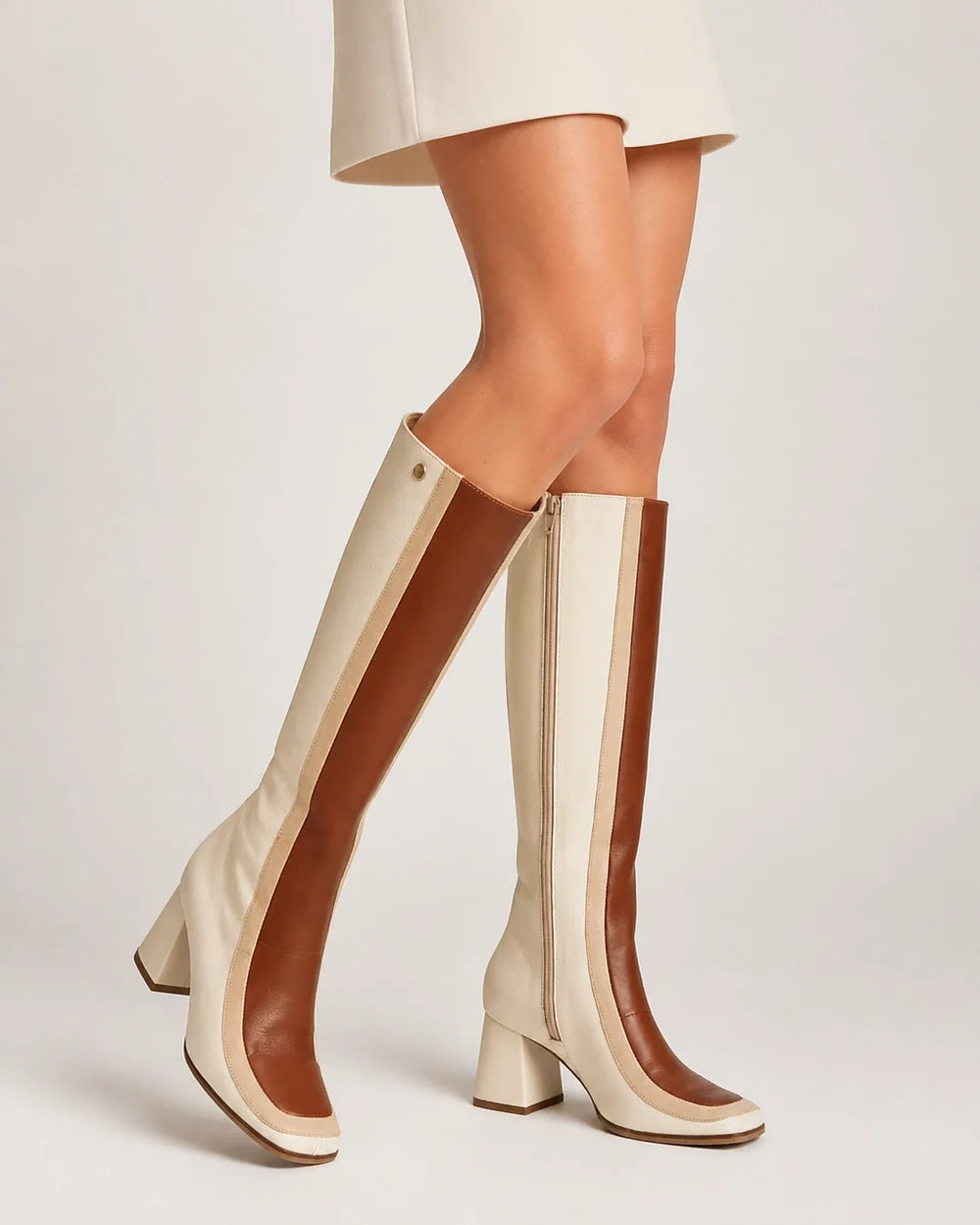 Ivory and tan colour-block knee-high boots, hero view