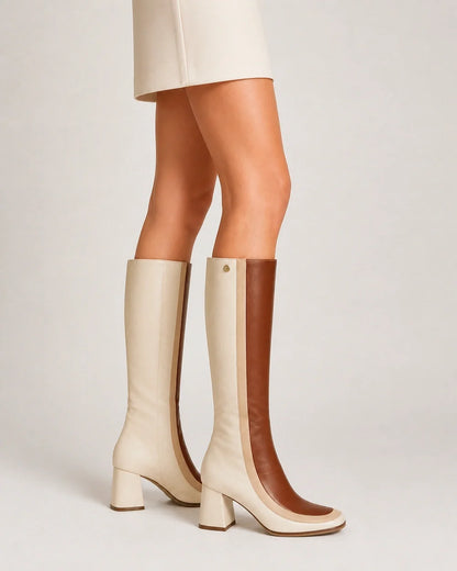 Ivory and tan colour-block knee-high boots, profile view