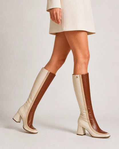 Ivory and tan colour-block knee-high boots, movement view